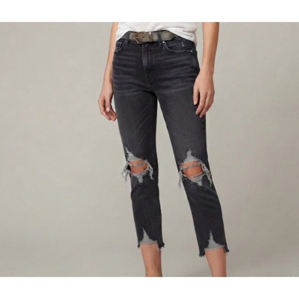 We The Free Free People Distressed Straight Leg Jeans Faded Black Raw Hem SZ 26